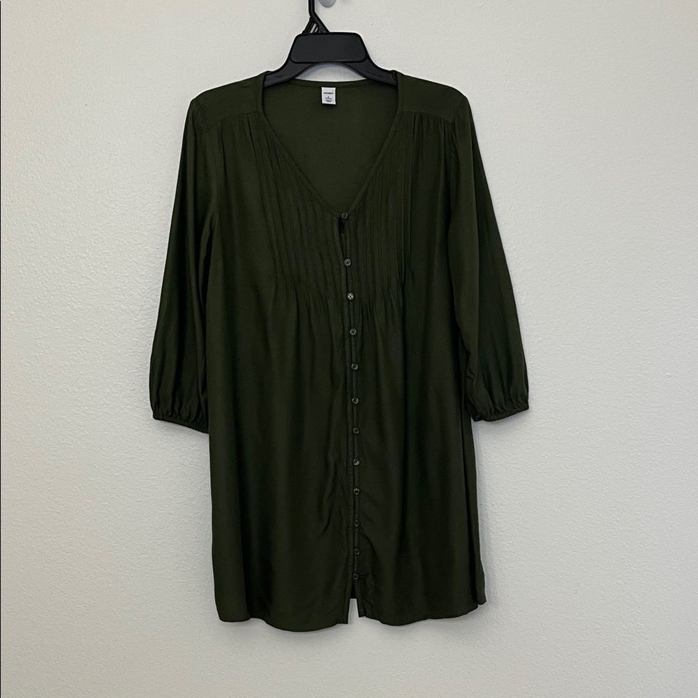 Old Navy Pintucked Button-Front Swing Dress size Small Petite Matcha Green